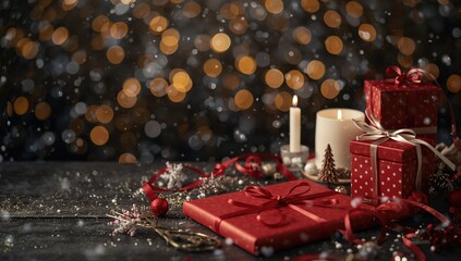 Holiday gift wrapping on a table with decorated boxes, scissors, and red paper, seasonal cheer, Christmas