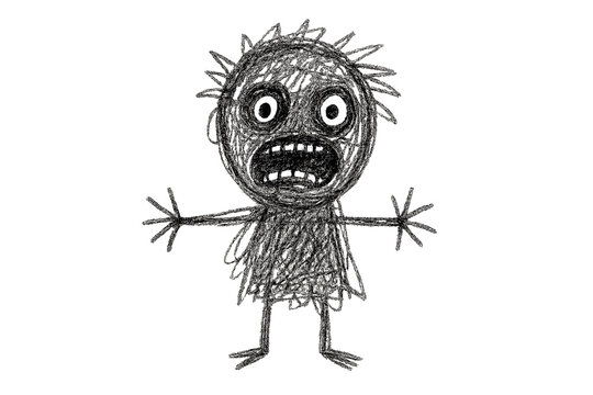 Distressed cartoon character with wide eyes and spiky hair screaming in panic or shock