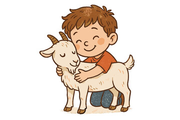 Obraz premium Happy young boy kneeling and embracing a cute white baby goat on a farm