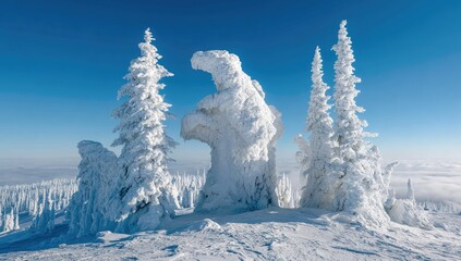 Frozen Ice Sculpture on Snowy Mountaintop with Fir Trees.