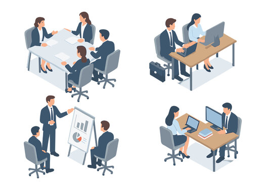 Isometric business professionals working in, attending meetings, and collaborating