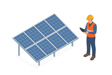 Professional technician inspecting photovoltaic solar energy panels in an isometric view © Andrei