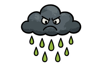 Grumpy dark gray cloud icon raining stylized bright green water drops