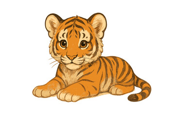 Fototapeta premium Adorable baby tiger cub lying down with big eyes isolated on white background