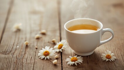 Chamomile tea served in a white cup on a wooden surface, promoting relaxation and mindfulness
