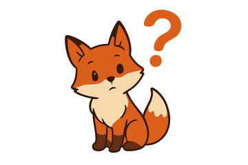 Adorable fox character sitting down and looking confused next to a large question mark symbol