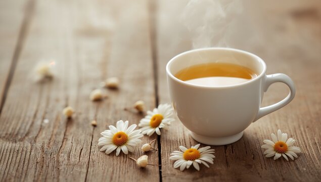 Chamomile tea served in a white cup on a wooden surface, promoting relaxation and mindfulness