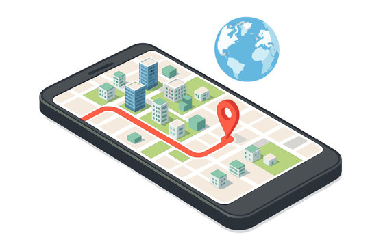 Isometric city map navigation route displayed on a mobile phone screen