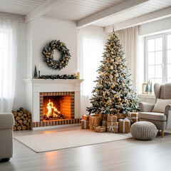 Festive living room with a decorated christmas tree and a roaring fireplace