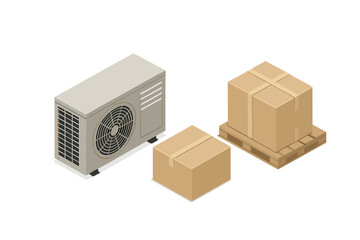 Outdoor air conditioning unit next to shipping boxes and wooden pallet in isometric view