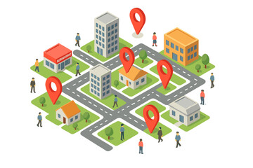 Isometric city map layout with residential and commercial buildings, location pins, and walking pedestrians