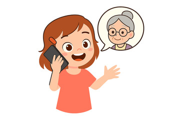 Smiling child holding a smartphone having a conversation with an elderly woman avatar
