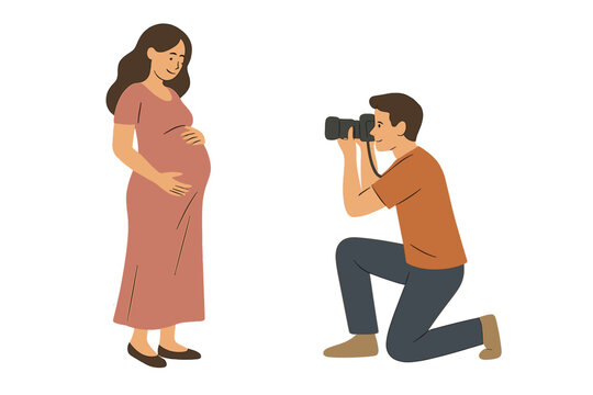 Photographer taking portrait of smiling pregnant woman during maternity photoshoot