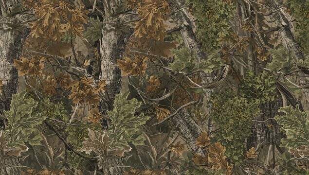 Realistic forest camouflage, seamless pattern of trees and oak leaves, suitable for hunting and military applications