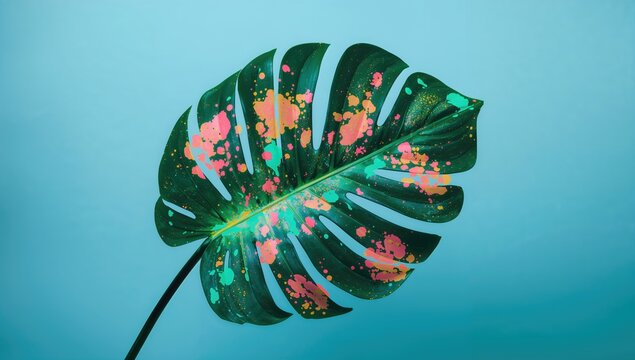 Monstera leaf in vibrant neon hues against a soft blue backdrop, ideal for artistic backgrounds - Powered by Adobe