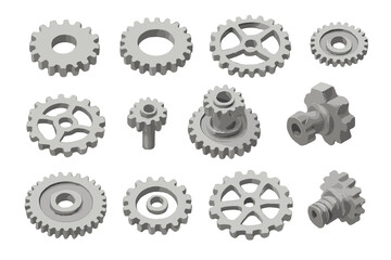 Assortment of metallic gray mechanical gears and cogwheels isolated on white