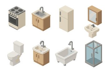 Isometric collection of household appliances and bathroom fixtures: stove, refrigerator, sink, toilet, shower, bathtub