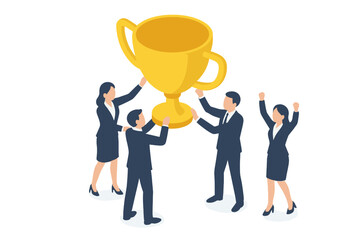 Professional business team celebrating victory holding a giant golden trophy together