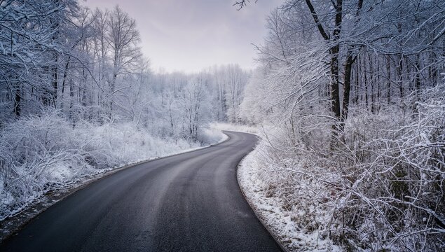 Winding road traversing a snowy forest filled with white foliage, seasonal change - Powered by Adobe