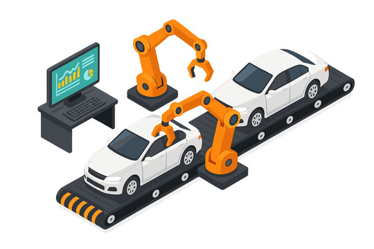 Fototapeta Automated car assembly line with robotic arms and quality control monitoring