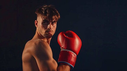 A determined boxer in red gloves, illuminated, posing against a dark background