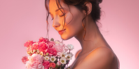 Romantic Woman Holding Bouquet Of Pink Flowers In Warm Dreamy Sunset Light