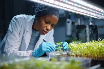 Scientist meticulously examines tiny plant seedlings under bright artificial grow lights in a modern laboratory setting conducting crucial agricultural research