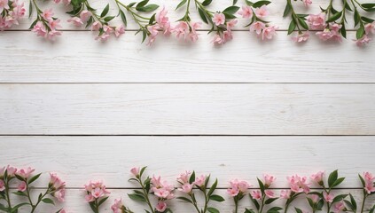 Delicate Pink Daphne Blooms on Weathered White Wood Surface, Suitable for Text Overlay