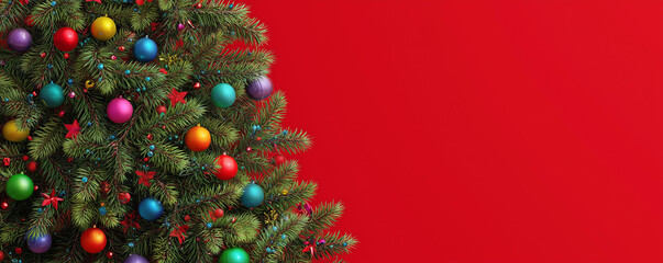 a Christmas tree with colorful decorations on a red background