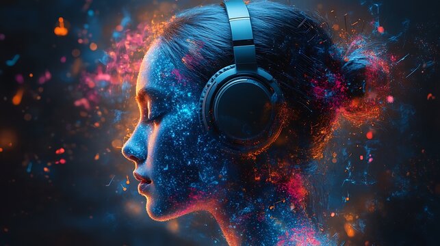 Woman listening to music abstract art