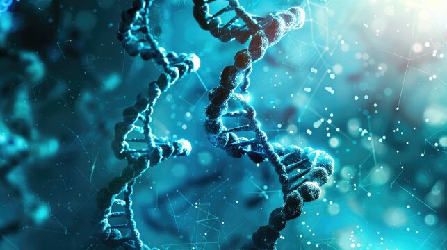 A digital rendering showcases a vibrant, glowing double helix structure amid a network of light particles