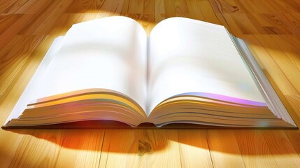 A digitally rendered, open book with pristine blank pages on a wooden surface, soft lighting