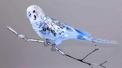 A digitally rendered, stylized budgerigar perched on a metallic branch, highlighted with light
