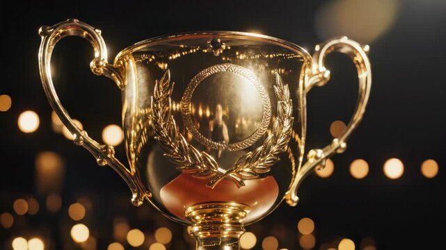 Close-up of a gleaming golden trophy on a wooden pedestal with blurred lights in the background, creating a sense of victory, concept for award ceremony, sporting events and business achievement