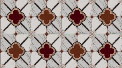 Seamless Moroccan quatrefoil tile pattern, burgundy red and warm brown, metallic rose gold accents, white marble background with gray veins, luxury wall and floor design.