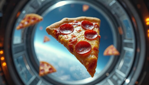 Pizza slices float in spacecraft with Earth view. Italian fastfood meal in cosmos. Surreal delivery service for astronauts. Space tourism and pizza order on intergalactic spaceship travel.