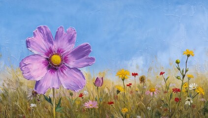 Vibrant oil painting of purple cosmos and daisy wildflowers in a field, showcasing the beauty of spring and summer seasons