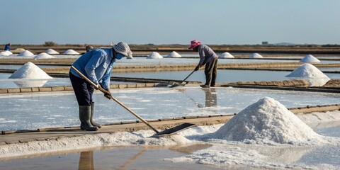 Workers harvesting salt in shallow evaporation ponds