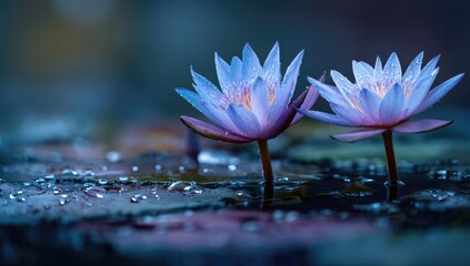 Two beautiful blue water lilies in a tranquil pond.