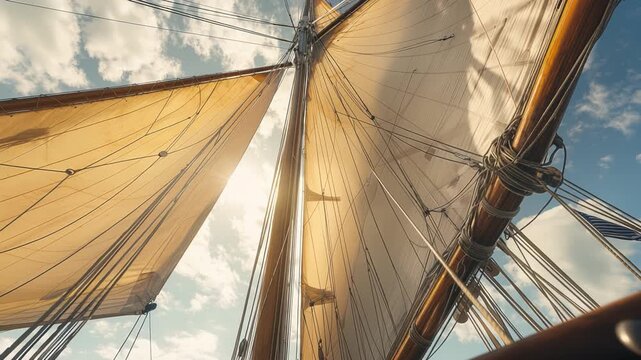 Vintage sailboat sails billowing in the wind against a sunny sky