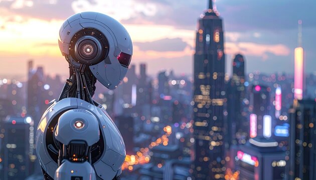  Futuristic robot observes the illuminated cityscape at dusk with bokeh lights and dramatic sky during golden hour in New York City