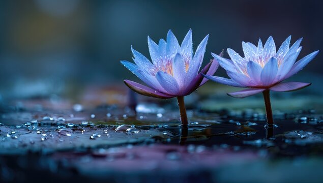 Two beautiful blue water lilies in a tranquil pond.