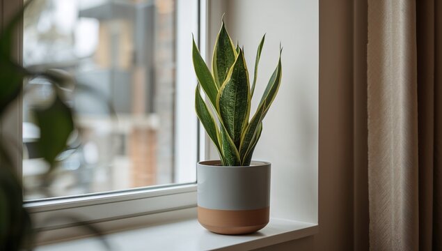 A sansevieria trifasciata snake plant positioned in a contemporary residential window, enhancing indoor air quality