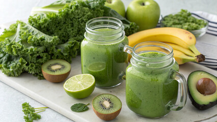 Two glasses of green smoothie with kale and avocado