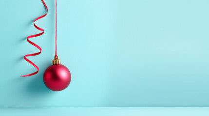 A minimalist and vibrant holiday image featuring a single matte red Christmas ornament (bauble).