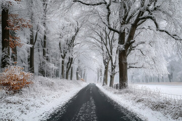 Obraz premium Paysage d’hiver paisible dans une forêt enneigée, arbres givrés, lumière douce au lever du soleil, nature calme et silencieuse