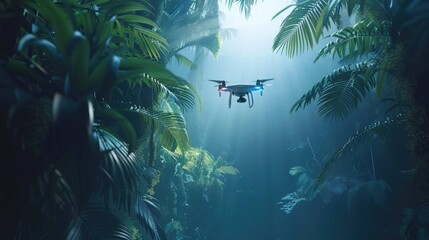 A drone explores a lush, sun-dappled jungle, capturing aerial footage amidst dense foliage