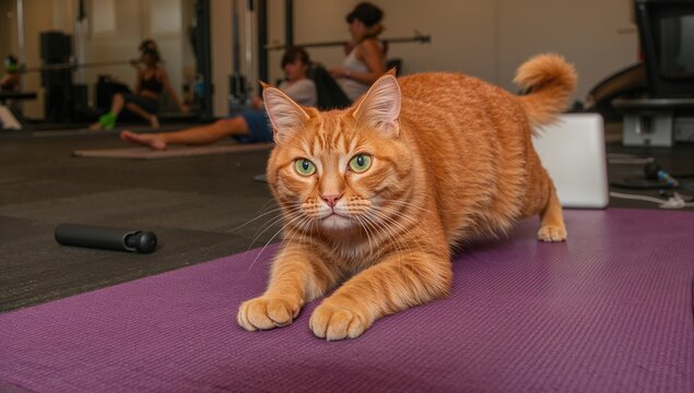Red cat practicing yoga on the mat, promoting relaxation