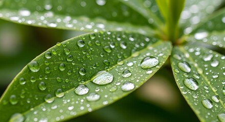 Close up of green leaves covered in water droplets showing nature's beauty and freshness after rain