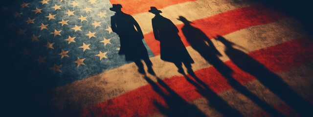 Image of US flag with shadow silhouettes of three veterans, honoring Veterans Day